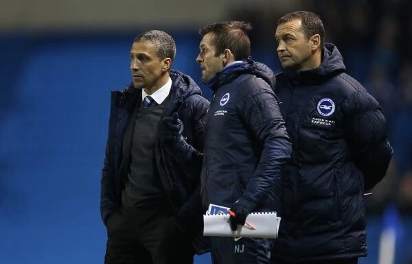 Chris Hughton and Brighton Assistants Nathan Jones and Colin Calderwood Strategize Against Leeds United, 24 February 2015