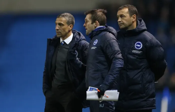 Framed Print : Chris Hughton and Brighton Assistants Nathan Jones and Colin Calderwood Strategize Against Leeds United, 24 February 2015 Framed Print : Chris Hughton and Brighton Assistants Nathan Jones and Colin Calderwood Strategize Against Leeds United, 24 February 2015