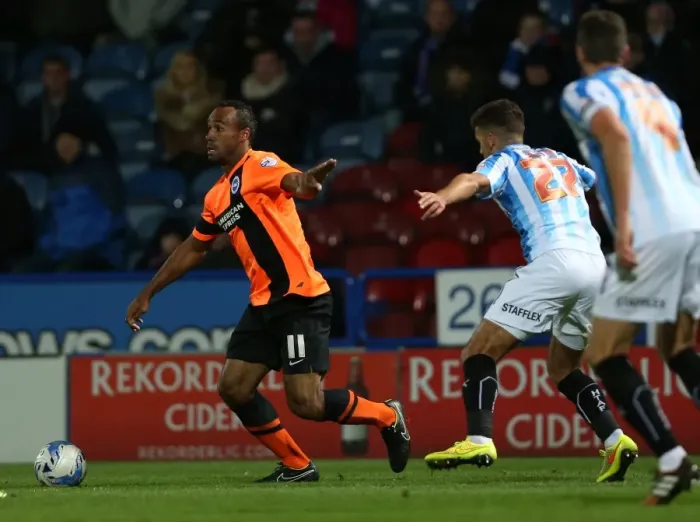 Framed Print : Chris O'Grady Clashes in Huddersfield vs Brighton Championship Match, 21st October 2014