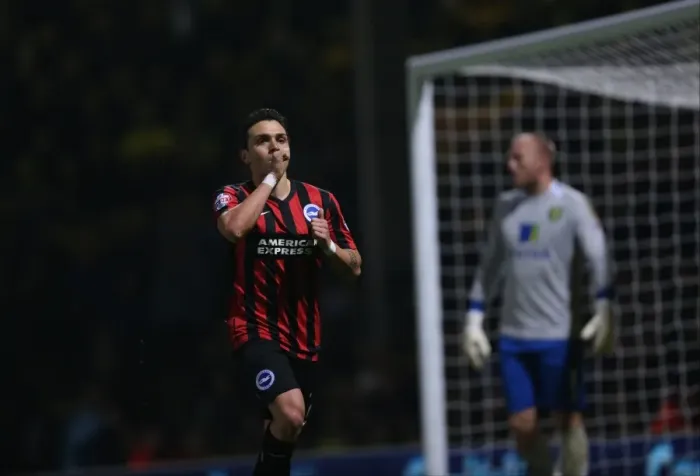 Framed Print : Colunga Scores Dramatic Penalty for Brighton & Hove Albion against Norwich City (22NOV14)