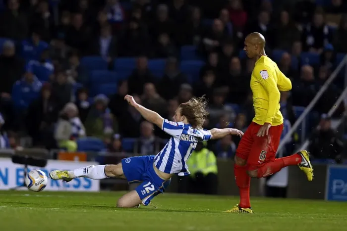 Framed Print : Craig Mackail-Smith's Shooting Moment: Brighton & Hove Albion vs Watford, Npower Championship, December 29, 2012