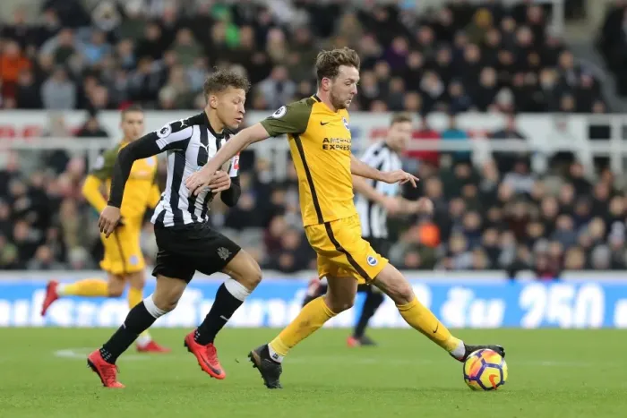 Framed Print : Dale Stephens Shields Ball from Dwight Gayle: Intense Midfield Battle at St. James Park (Newcastle United vs. Brighton and Hove Albion, 30DEC17)