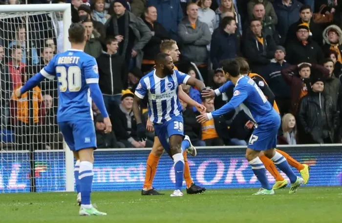 Framed Print : Darren Bent Scores and Celebrates: A Championship Goal for Brighton and Hove Albion at Molineux (20DEC14) Framed Print : Darren Bent Scores and Celebrates: A Championship Goal for Brighton and Hove Albion at Molineux (20DEC14)