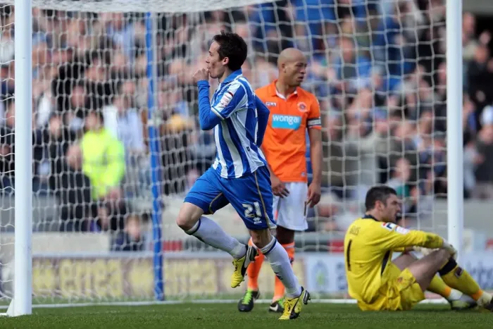 Framed Print : David Lopez Scores Albion's Fourth Goal Against Blackpool (April 20, 2013)