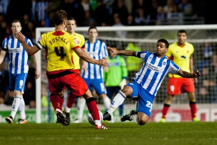 Framed Print : Determined Liam Bridcutt Tackle: Brighton & Hove Albion vs. Watford, Npower Championship, April 2012