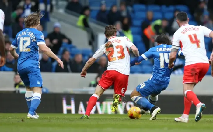 Framed Print : Inigo Calderon Scores His Second Goal Against Birmingham City (21FEB15) - Brighton & Hove Albion FC