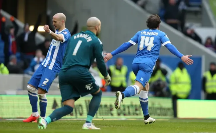 Framed Print : Inigo Calderon Scores His Second Goal for Brighton Against Birmingham City (February 2015) Framed Print : Inigo Calderon Scores His Second Goal for Brighton Against Birmingham City (February 2015)