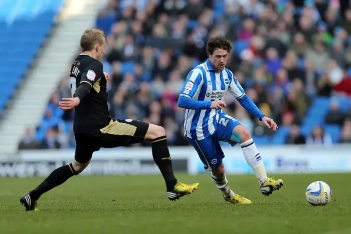 Framed Print : Intense Championship Showdown: Wayne Bridge vs Ritchie De Laet at Brighton & Hove Albion vs Leicester City (April 6, 2013)