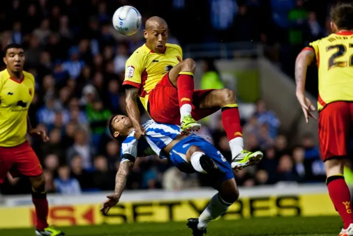 Framed Print : Intense Moment: Liam Bridcutt Tackles Chris Iwelumo in Brighton & Hove Albion vs. Watford (April 17, 2012) Framed Print : Intense Moment: Liam Bridcutt Tackles Chris Iwelumo in Brighton & Hove Albion vs. Watford (April 17, 2012)