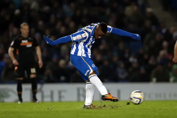 Framed Print : Intense Npower Championship Clash: Kazenga LuaLua's Shot for Brighton & Hove Albion Against Derby County (January 12, 2013) Framed Print : Intense Npower Championship Clash: Kazenga LuaLua's Shot for Brighton & Hove Albion Against Derby County (January 12, 2013)