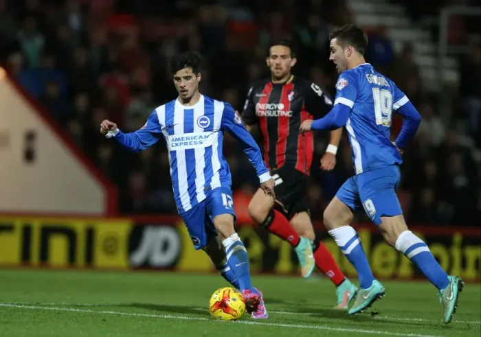 Framed Print : Joao Teixeira in Action: Brighton and Hove Albion vs Bournemouth, SkyBet Championship 2014 (American Express Community Stadium)
