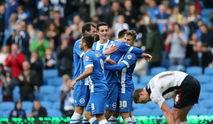Framed Print : Joe Bennett Scores: Brighton and Hove Albion vs Rotherham United at American Express Community Stadium (2014)