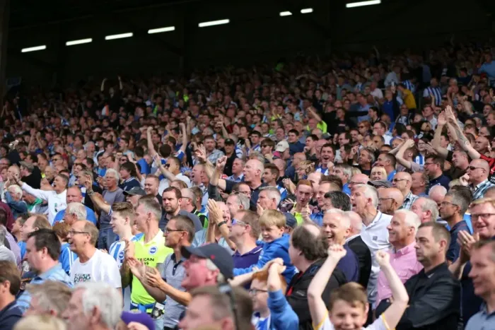 Framed Print : Jubilant Albion Fans Celebrate at Craven Cottage during Fulham vs. Brighton and Hove Championship Match (15th August 2015) Framed Print : Jubilant Albion Fans Celebrate at Craven Cottage during Fulham vs. Brighton and Hove Championship Match (15th August 2015)