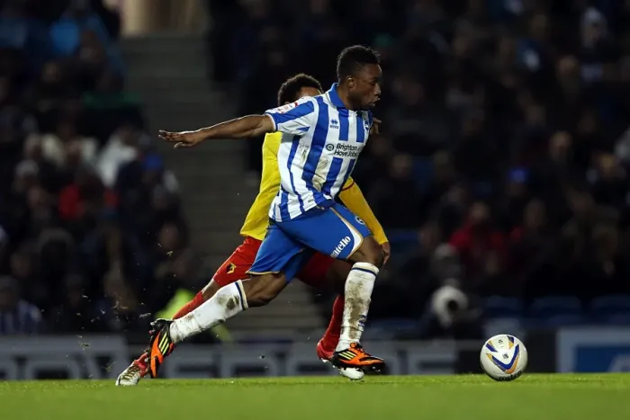 Framed Print : Kazenga LuaLua Sprints Forward in Brighton & Hove Albion vs Watford Championship Clash (December 2012) Framed Print : Kazenga LuaLua Sprints Forward in Brighton & Hove Albion vs Watford Championship Clash (December 2012)