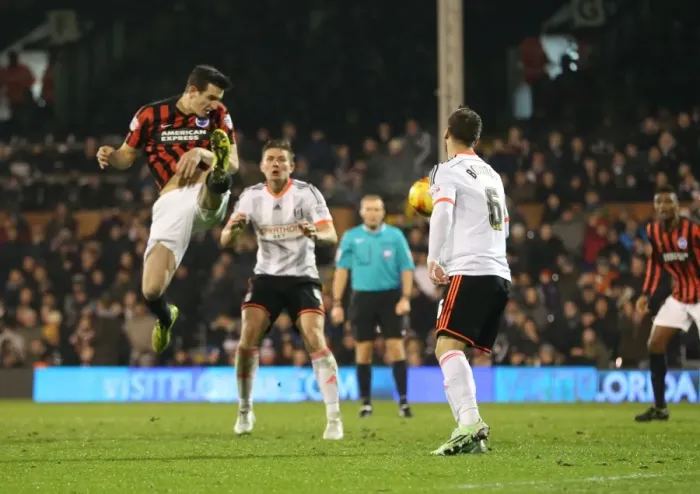Framed Print : Lewis Dunk: In Action at Craven Cottage during Fulham vs. Brighton & Hove Albion, 2014