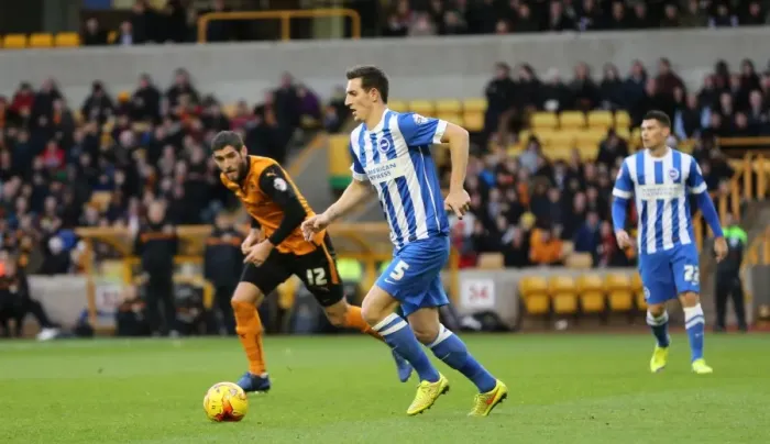 Framed Print : Lewis Dunk Focuses in Wolverhampton Wanderers vs Brighton and Hove Albion Championship Clash (20DEC14)