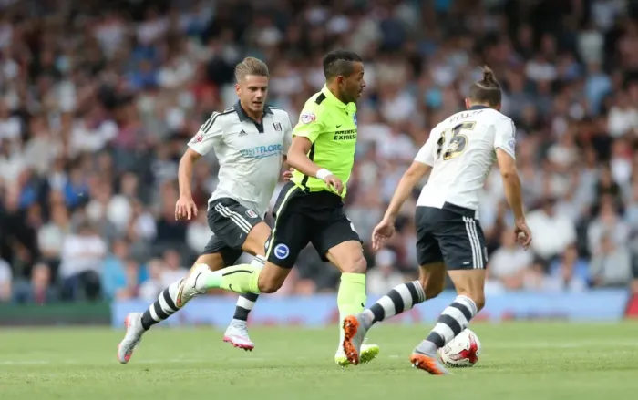 Framed Print : Liam Rosenior in Action: Fulham vs. Brighton and Hove Albion, Sky Bet Championship 2015 - Brighton Defender Faces Off Against Fulham