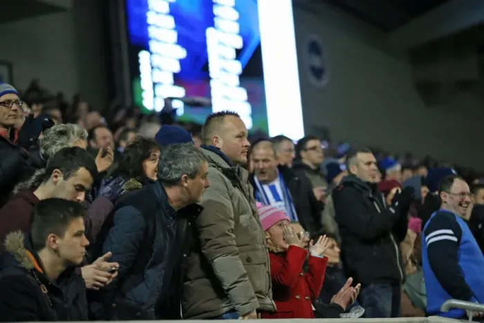 Framed Print : Passionate Albion Fans: A Moment of Pride at the American Express Community Stadium vs Leeds United (24 February 2015) Framed Print : Passionate Albion Fans: A Moment of Pride at the American Express Community Stadium vs Leeds United (24 February 2015)
