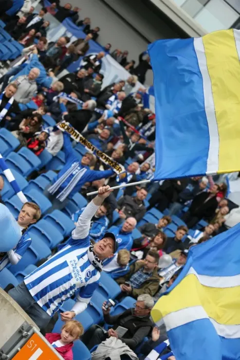 Framed Print : Passionate Moment: Brighton and Hove Albion Fans during Sky Bet Championship Clash vs. Watford (25APR15)