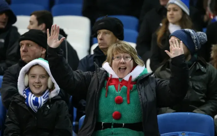 Framed Print : Passionate Moment: Brighton and Hove Albion Fans in Full Swing at American Express Community Stadium vs. Reading (26DEC14) Framed Print : Passionate Moment: Brighton and Hove Albion Fans in Full Swing at American Express Community Stadium vs. Reading (26DEC14)