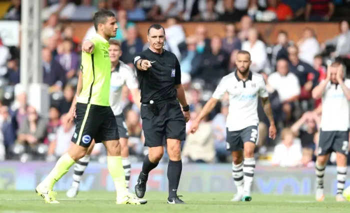 Framed Print : Penalty Call: Referee Swarbrick at the Spot during Fulham vs. Brighton and Hove Albion (15 / 08 / 2015) Framed Print : Penalty Call: Referee Swarbrick at the Spot during Fulham vs. Brighton and Hove Albion (15 / 08 / 2015)
