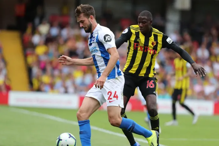 Framed Print : Propper and Doucoure Clash in Intense Watford vs. Brighton Premier League Match (11AUG18) Framed Print : Propper and Doucoure Clash in Intense Watford vs. Brighton Premier League Match (11AUG18)