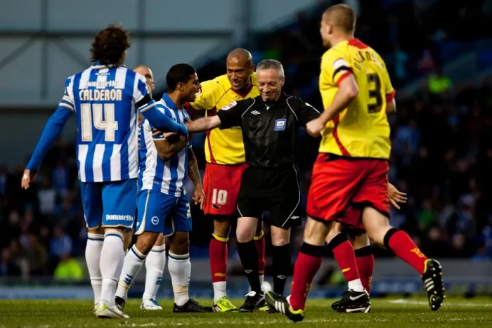 Framed Print : Referee Scott Mathieson Overseeing Tense Moment between Brighton & Hove Albion and Watford, April 17, 2012 Framed Print : Referee Scott Mathieson Overseeing Tense Moment between Brighton & Hove Albion and Watford, April 17, 2012