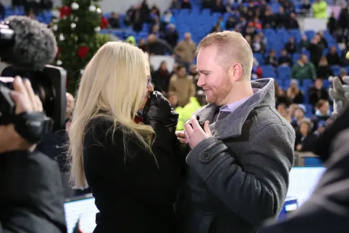 Framed Print : A Romantic Moment at the Football Field: Jamie Howell Proposes to Kristina Sinclair during Brighton and Hove Albion vs. Millwall (12DEC14) Framed Print : A Romantic Moment at the Football Field: Jamie Howell Proposes to Kristina Sinclair during Brighton and Hove Albion vs. Millwall (12DEC14)