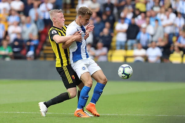 Solly March Shields Ball from Will Hughes: Watford vs. Brighton and Hove Albion, Premier League (11AUG18)