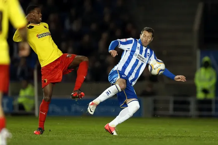 Framed Print : Stephen Dobbie Shoots in Brighton & Hove Albion vs. Watford, December 29, 2012 Framed Print : Stephen Dobbie Shoots in Brighton & Hove Albion vs. Watford, December 29, 2012