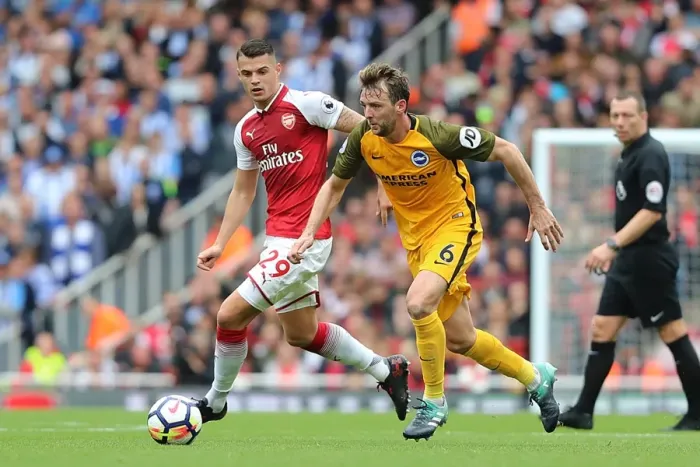 Framed Print : Stephens vs Xhaka: Intense Midfield Battle at Emirates Stadium - Arsenal vs Brighton and Hove Albion (01OCT17) Framed Print : Stephens vs Xhaka: Intense Midfield Battle at Emirates Stadium - Arsenal vs Brighton and Hove Albion (01OCT17)