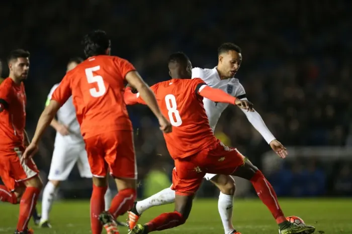 Framed Print : U21 Europe Championship Qualifier: England vs. Switzerland (16 November 2015) - Intense Match Action at American Express Community Stadium, Brighton and Hove