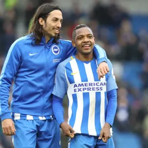 Brighton and Hove Albion's Ezequiel Schelotto and Jose Izquierdo Celebrate Victory over Arsenal (04MAR18) Brighton and Hove Albion's Ezequiel Schelotto and Jose Izquierdo Celebrate Victory over Arsenal (04MAR18)