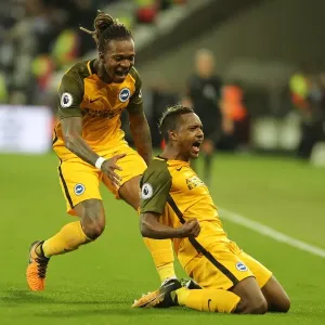 Brighton and Hove Albion's Jose Izquierdo and Gaetan Bong Celebrate 2-0 Goal Against West Ham United (Premier League 2017) Brighton and Hove Albion's Jose Izquierdo and Gaetan Bong Celebrate 2-0 Goal Against West Ham United (Premier League 2017)