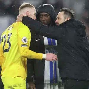 Brighton and Hove Albion's Roberto de Zerbi Celebrates with Jason Steele at the Final Whistle vs. Crystal Palace (15MAR23) Brighton and Hove Albion's Roberto de Zerbi Celebrates with Jason Steele at the Final Whistle vs. Crystal Palace (15MAR23)