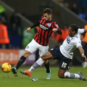 Brighton's Sam Baldock Battles for Goal Against Bolton Wanderers in Championship Match (28FEB15)