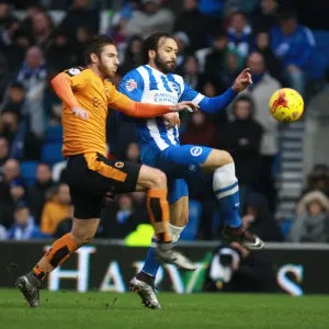 Clash at the Community Stadium: Intense Battle for High Ball Between James Henry and Inigo Calderon in Brighton and Hove Albion vs Wolverhampton Wanderers Championship Match (January 1, 2016) Clash at the Community Stadium: Intense Battle for High Ball Between James Henry and Inigo Calderon in Brighton and Hove Albion vs Wolverhampton Wanderers Championship Match (January 1, 2016)