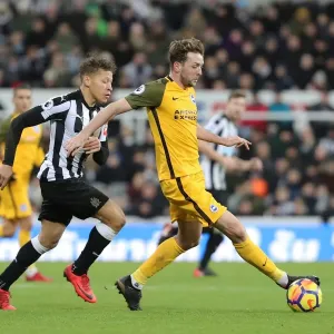 Dale Stephens Shields Ball from Dwight Gayle: Intense Midfield Battle at St. James Park (Newcastle United vs. Brighton and Hove Albion, 30DEC17)
