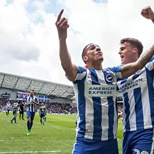 Solly March Scores and Celebrates with Knockaert: Brighton & Hove Albion's 2-0 Lead over Wigan Athletic (17APR17)
