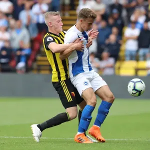 Solly March Shields Ball from Will Hughes: Watford vs. Brighton and Hove Albion, Premier League (11AUG18)