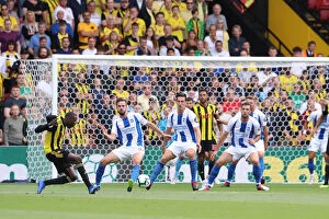 Images Dated 11th August 2018: Three Brighton Defenders Blocking Doucoure's Pass: Watford vs