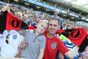 Prints of Albion fans during the pre-season friendly match between Brighton and Hove Albion and Sevilla FC at the American Express Community Stadium, Falmer, England on 2nd August 2015 Pre-Season Prints: Brighton and Hove Albion Fans Celebrate at Pre-season Friendly against Sevilla FC, 2015