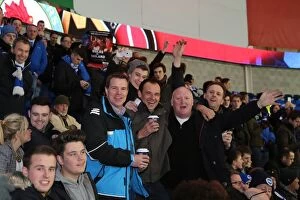 Images Dated 10th February 2015: Brighton and Hove Albion Fans Energetic Display at Cardiff City Stadium, 10th February 2015