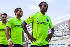 Prints of Gaetan Bong in the line-up before kick-off during the Pre-Season Friendly match between Brighton and Hove Albion and Sevilla at the American Express Community Stadium, Brighton and Hove Pre-Season Prints: Brighton and Hove Albion: Gaetan Bong Leads the Team Out against Sevilla in 2015 Pre-Season Friendly