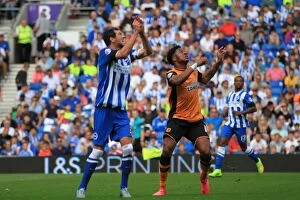 Images Dated 12th September 2015: Brighton & Hove Albion vs. Hull City: A Battle for the Ball - Greer vs. Akpom (Sky Bet Championship)