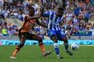 Images Dated 12th September 2015: Brighton & Hove Albion vs. Hull City: Kazenga LuaLua Defends Against Moses Odubajo in Sky Bet
