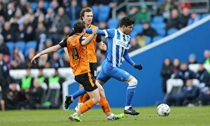 Images Dated 14th March 2015: Brighton & Hove Albion vs. Wolverhampton Wanderers: Emmanuel Ledesma's Intense Midfield Battle