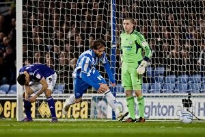Images Dated 20th March 2012: Brighton & Hove Albion's Inigo Calderon Scores the Opener Against Derby County (Brighton Derby)