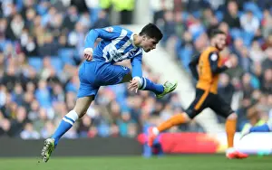 Shoots Prints: Brighton Midfielder Joao Carlos Teixeira Fires a Shot Against Wolverhampton Wanderers at American Express Community
