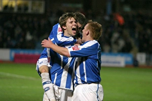 Cheltenham Town Collection: Dean Hammond celebrates his second goal with KErry Mayo & Dean Cox